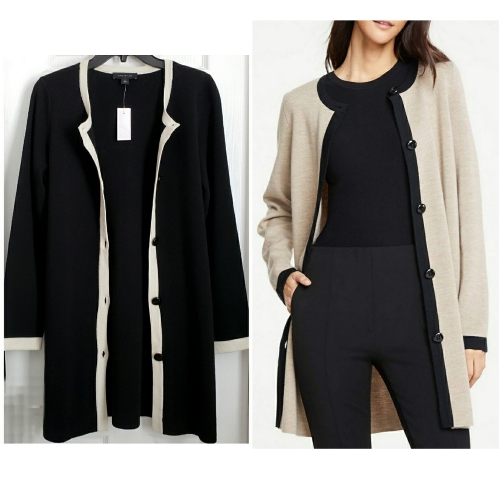 New ANN TAYLOR Wool Blend Button Down Long Duster Tipped Cardigan Sz XS